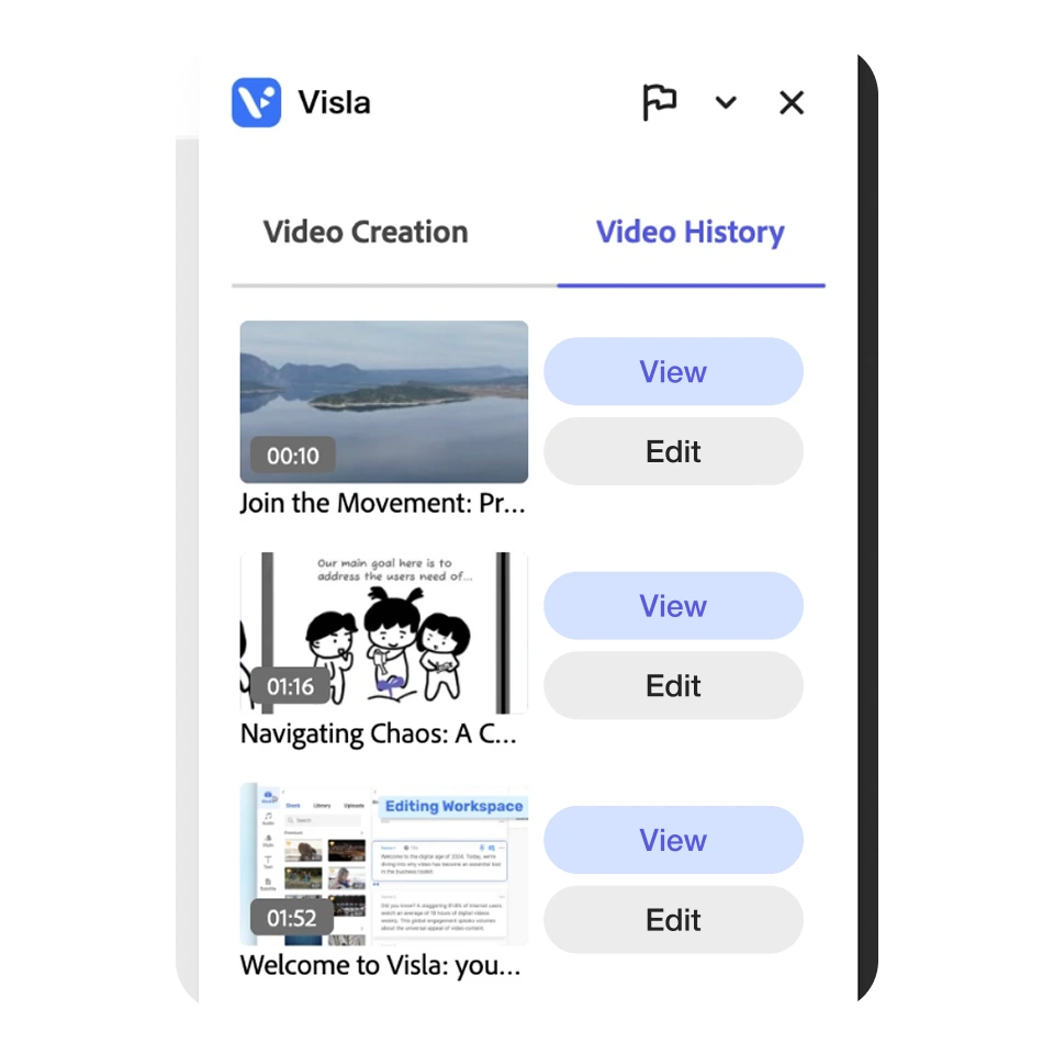 Visla Adobe Express integration: Reusing past videos from the Video History section.